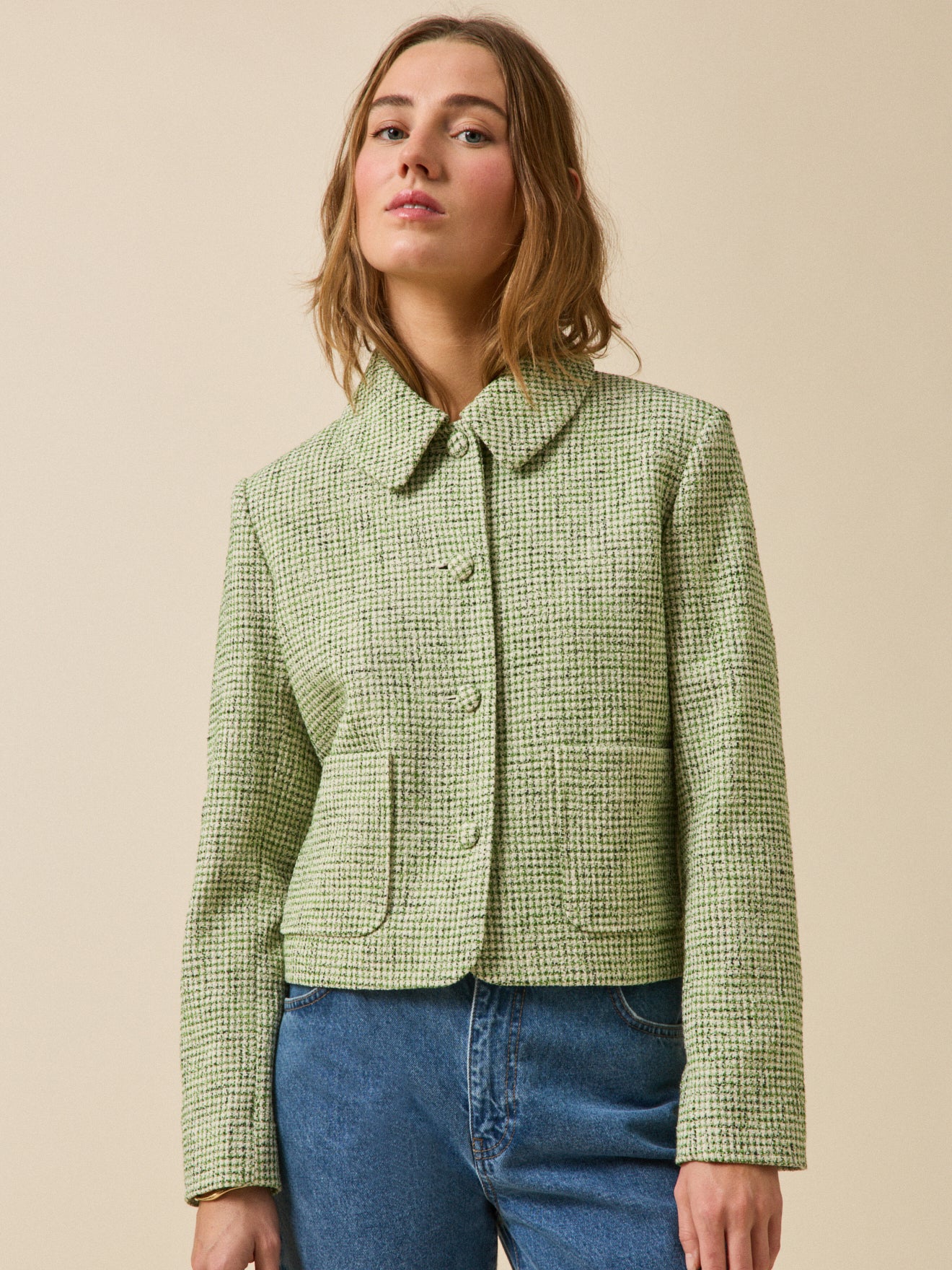 Veste boutonnée tweed carreaux femme