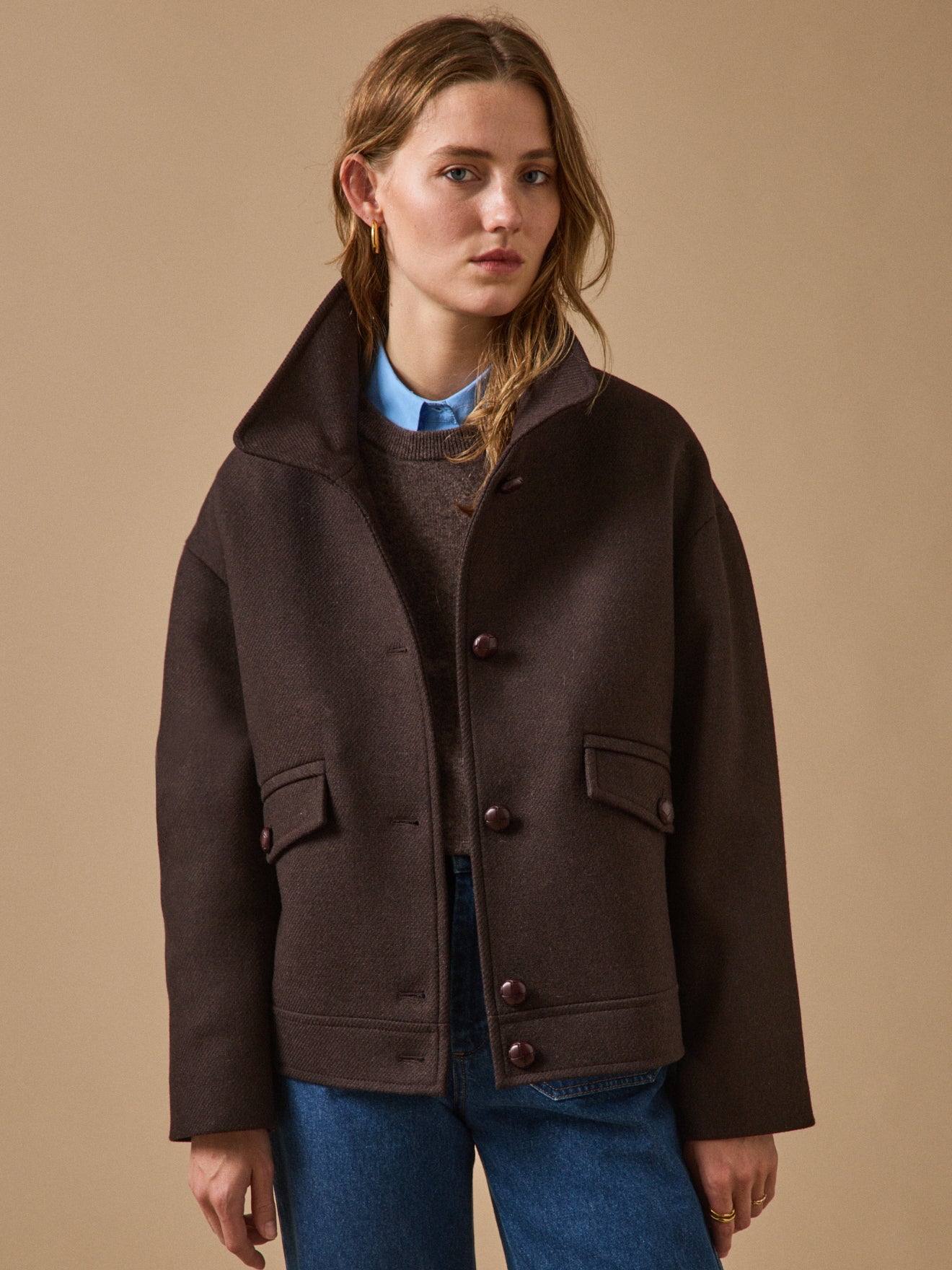 Manteau court lainage uni femme
