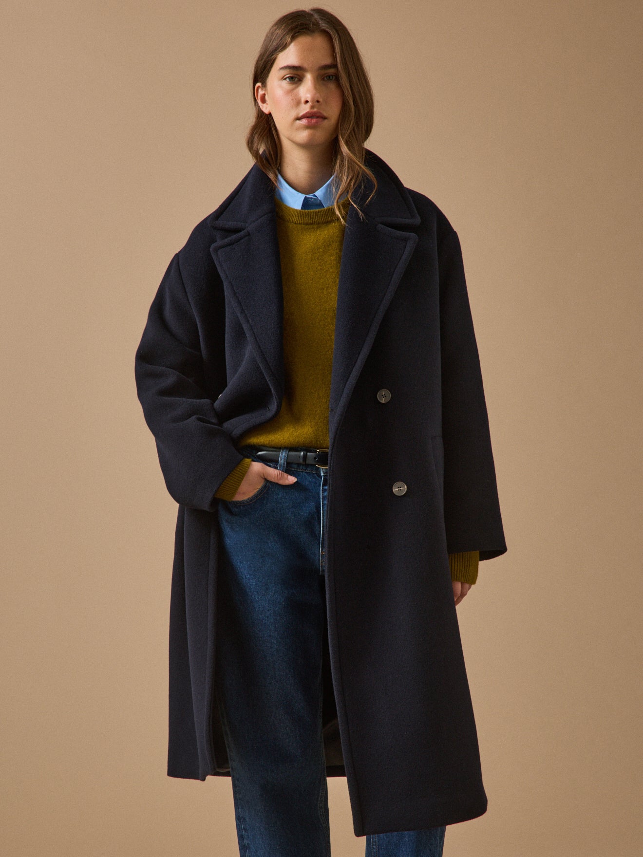 Manteau long lainage uni femme