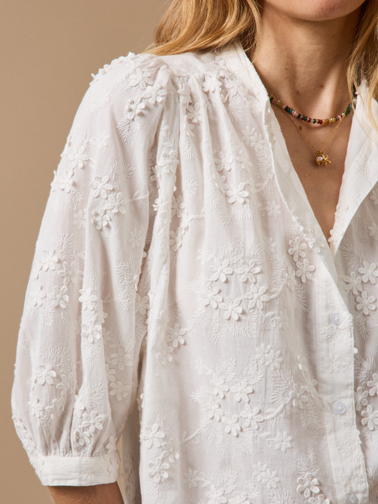 Blouse coton brodée fleurs 3D femme