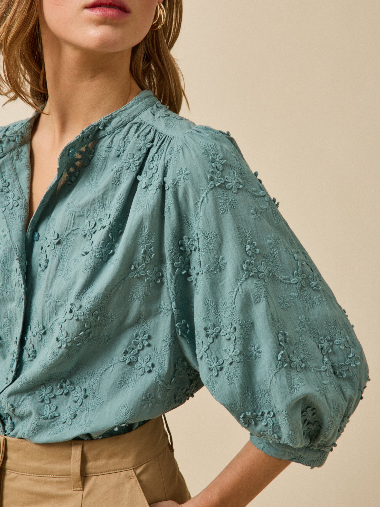 Blouse coton brodée fleurs 3D femme