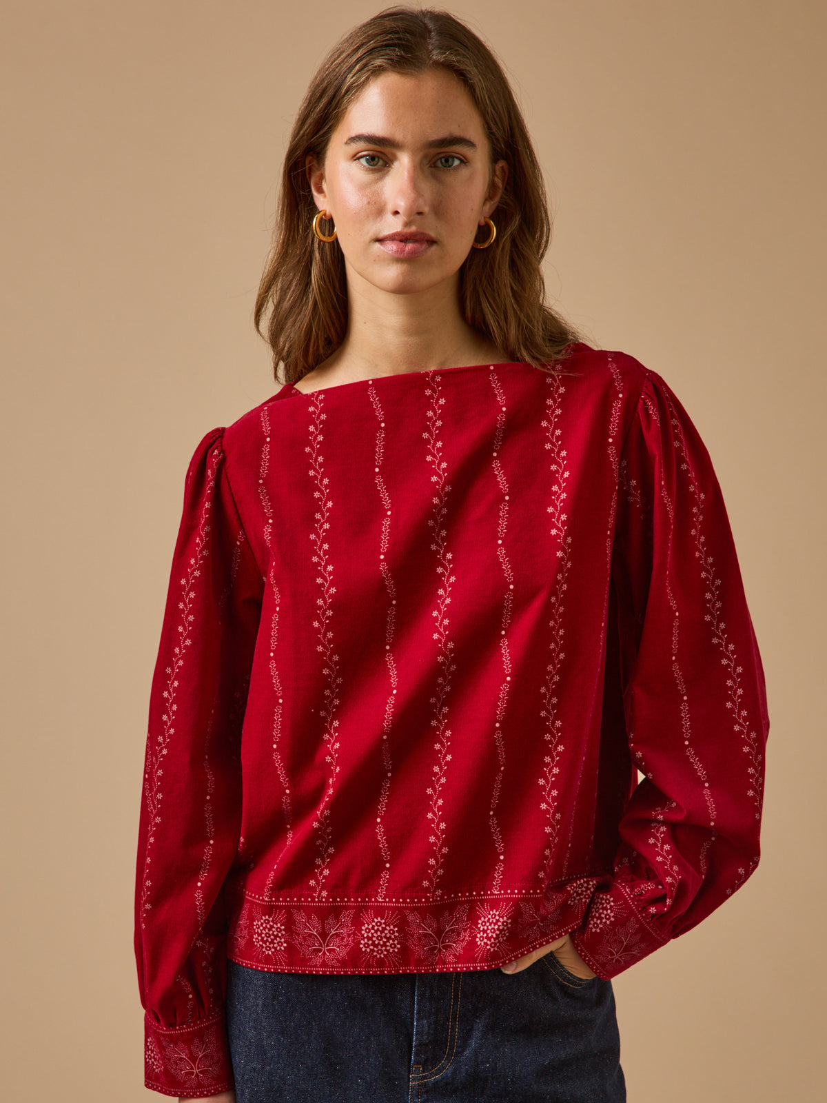 Blouse femme velours babycord imprimé Folk