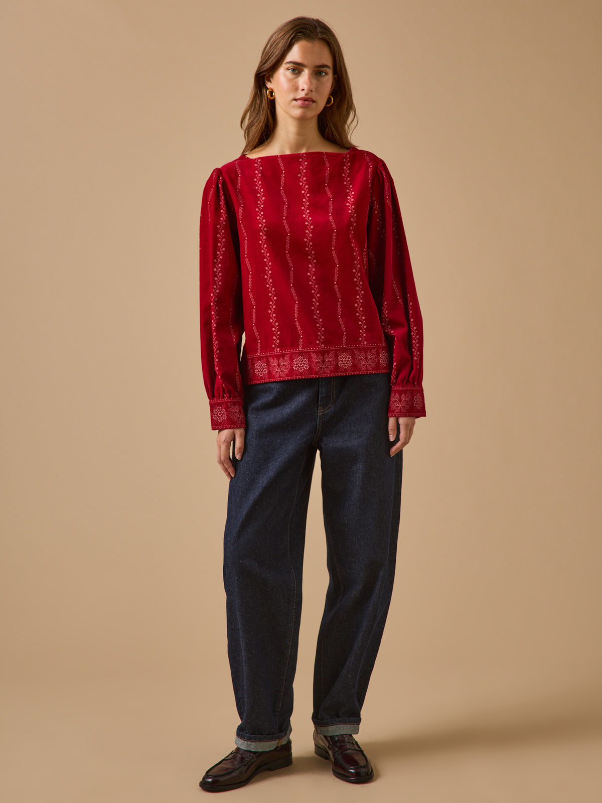 Blouse femme velours babycord imprimé Folk