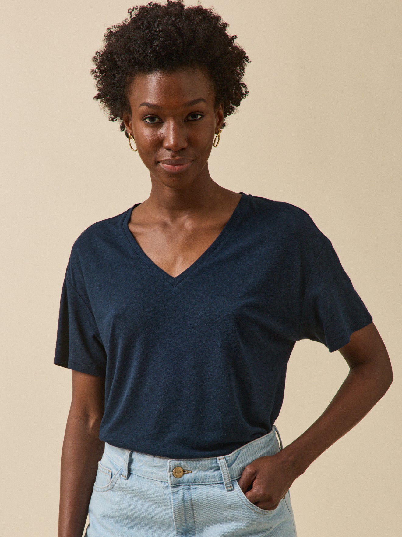 T-shirt col V femme lin et viscose