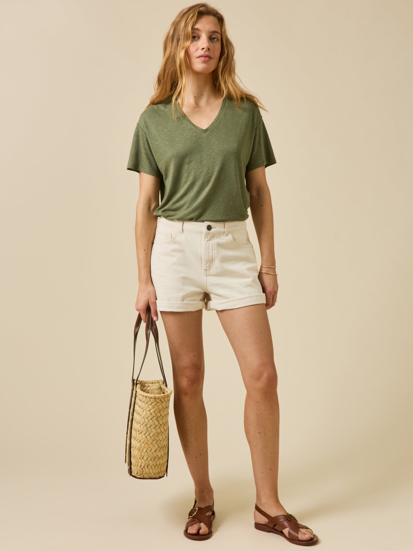T-shirt col V femme lin et viscose