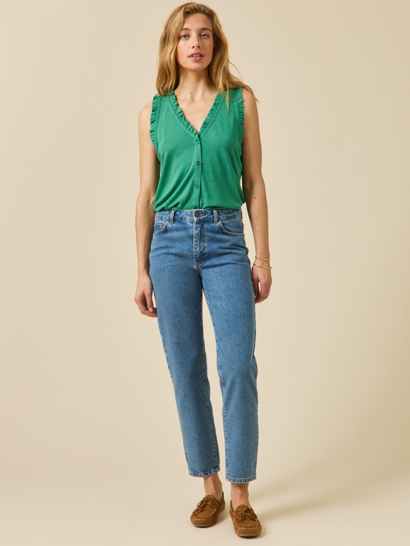 Top sans manches boutonné femme lin et viscose