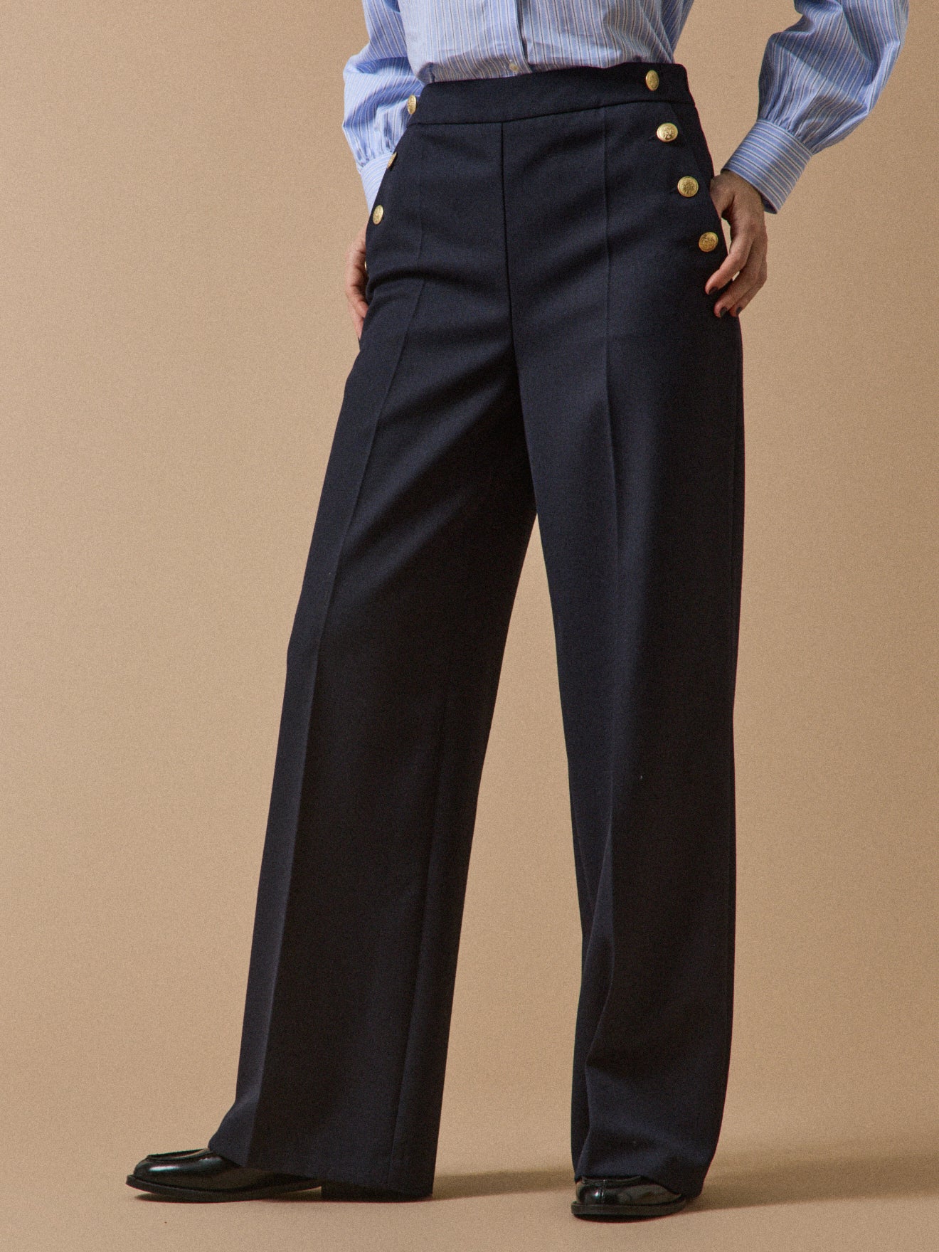 Pantalon large à pont boutons dorés femme Maé